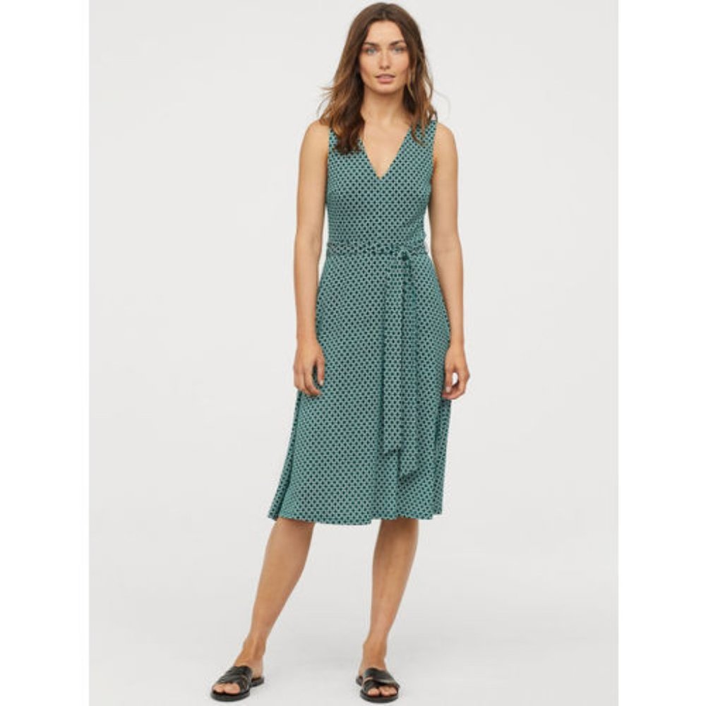 H&M Green Printed Tie-belt Dress - Size S